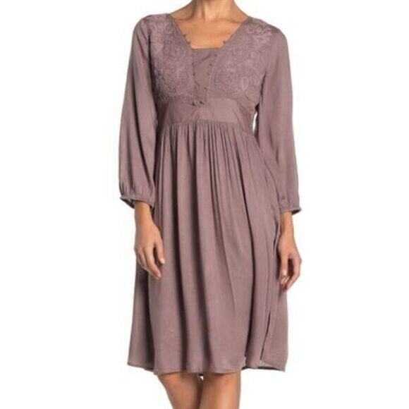 RAGA Anthropologie Midi Dress Medium Women's Taupe Willa Embroidered Open (10)